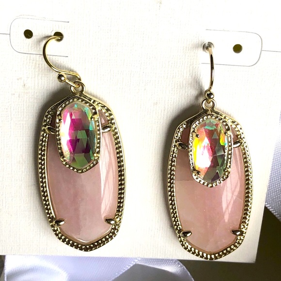 NWT Kendra Scott RARE & Retired Emmy Earrings Rose Quartz, Dichroic Yellow Gold - Picture 14 of 17